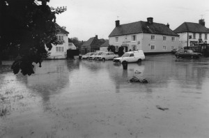 Photograph of flood around The Pond looking towards The Crown- 1987