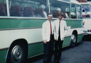 Photograph of Cyril Barrett & Lionel Barnes in front of a Barnes coach