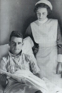 Gordon Richards recovering in Savernake Hospital after a fall at Newbury, accompanied by a nurse