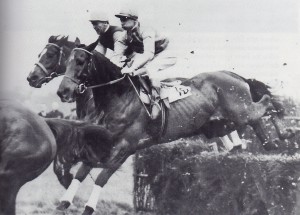 jockeys Jack Dowdeswell on a horse named 'The Pills'  & 18-year old Lester Piggott on a horse, both jummping a fence